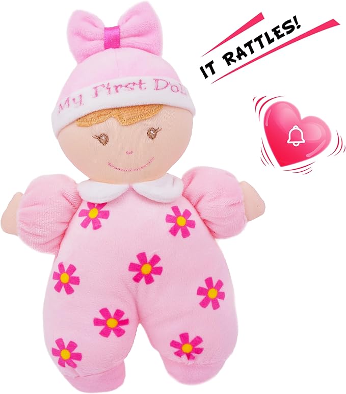 June Garden 9" My First Doll Sienna - Soft Plush Baby Doll with Rattle - Pink Outfit