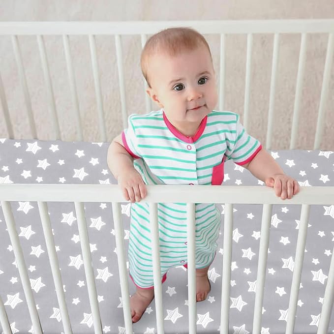 Pack and Play Sheets, 4 Pack Mini Crib Sheets, Stretchy Pack n Play Playard Fitted Sheet, Compatible with Graco Pack n Play, Soft and Breathable Material, Grey