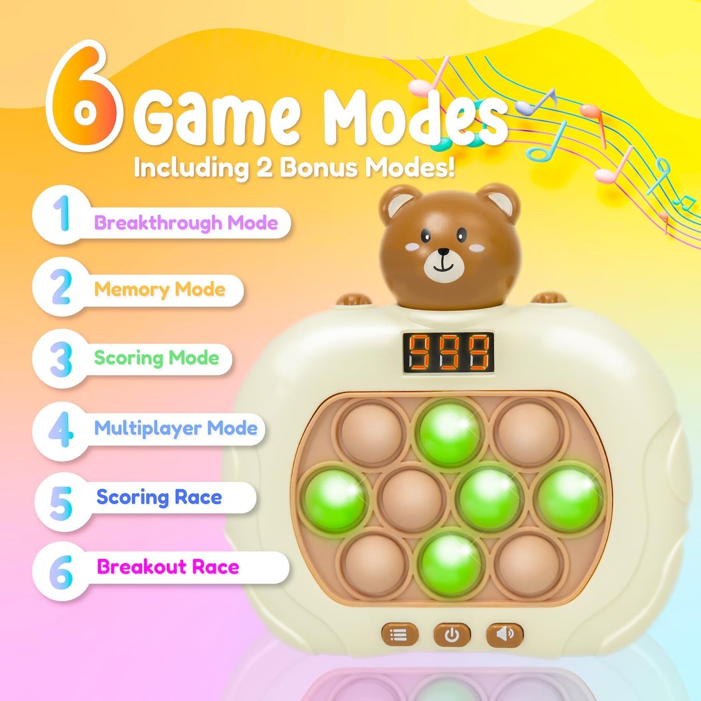 Marlo & Buzz Fast Push Game Toy with Popit Game Controller, Pop Fidget Animal with LED Screen - Sensory and Memory Console, Quick Bubble Light Toy, Pocket Games (Bear)