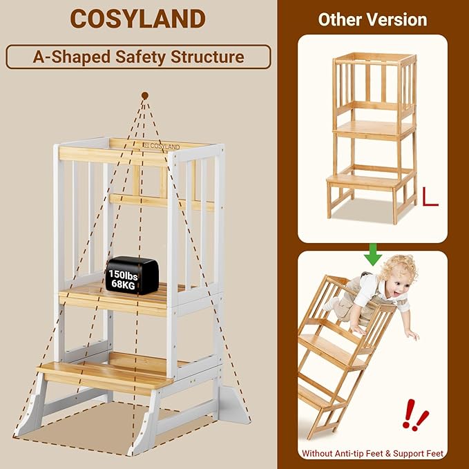 COSYLAND Kitchen Tower for Toddlers with Anti-Tip Support – Lightweight Toddler Kitchen Stool Helper for Bathroom Living Room Dining Room – Solid Bamboo Standing Tower (Natural & White)