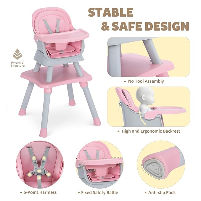 Baby High Chair, 8 in 1 Convertible Highchairs for Babies and Toddlers, Children Dining Booster Seat/Kids Building Block Table for Girls Boys, Baby Seat with Removable Tray, Pink