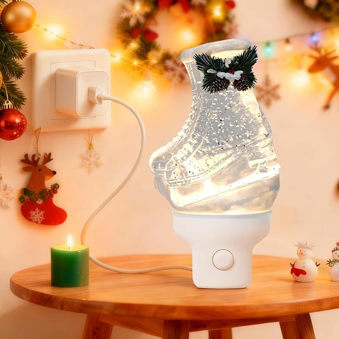 Christmas Night Light Plug into Wall Swirling Glitter USB Portable Christmas Decorative Night Light Decoration for Kids Adults Bedroom Kitchen Living Room Holiday Decor (Ski Boots)