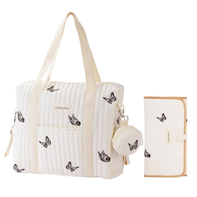Large Diaper Bag Tote, Maternity Travel diaper tote, Multifunction baby bag, Baby Nappy Bags, Messenger bag (Medium - Beige Butterflies)