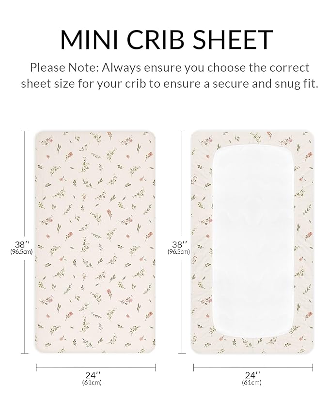 Mini Crib Sheets for Baby Boy Girl 2 Pack, Neutral Mini Crib Mattress Sheet 24" x 38", Muslin Nursery Bedding Soft and Breathable Comfort (Petal Leaf & Pink)