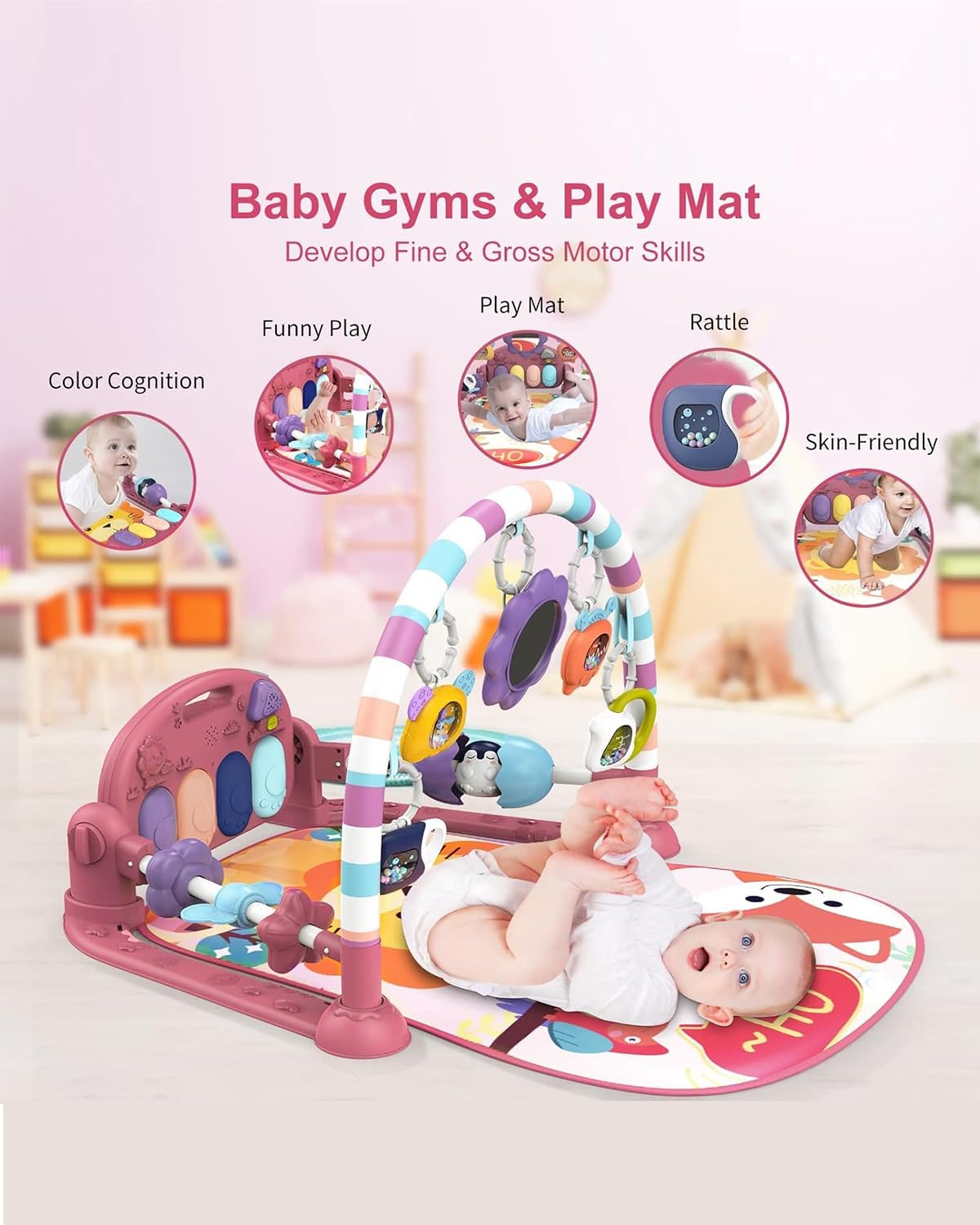 Dearlomum Play Mat and Gym - Piano Tummy Time Activity Mat With 5 Sensory Toys, Music and Lights - Gifts for Newborn 0 to 12 Months (New Pink)