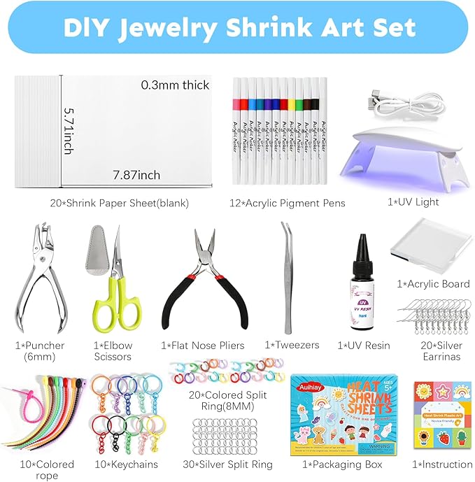 Auihiay Shrink Plastic Sheet Kit, Include UV Resin, UV Lamp, 20PCS Shrink Papers and Rich DIY Tools for Crafts Kids Jewelry Making, DIY Key Chains, Earrings