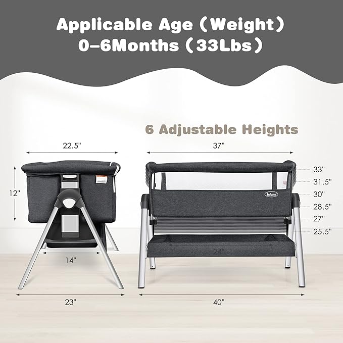 INFANS Baby Bassinet Bedside Crib, Newborn Sleeper w/Large Storage Basket, Adjustable Heights, Detachable &Washable Mattress, Breathable Mesh, Straps, Easy Moving Bed Side (Grey)