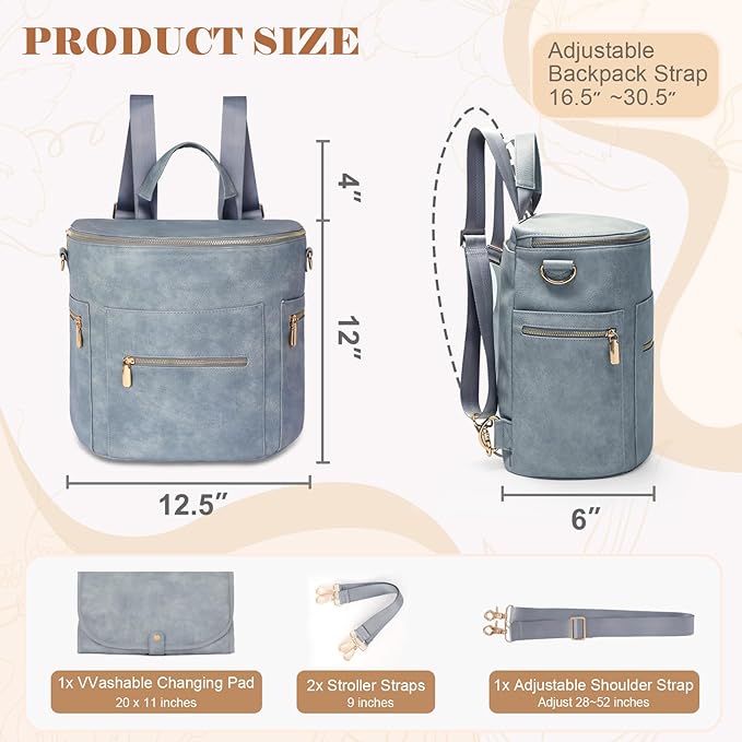 miss fong Diaper Bag Backpack Baby Diaper Bag, Large Leather Diaper Backpack with 16 Pockets Travel Diaper Bag with Diaper Changing Pad, Stroller Straps & 2 Insulated Pockets