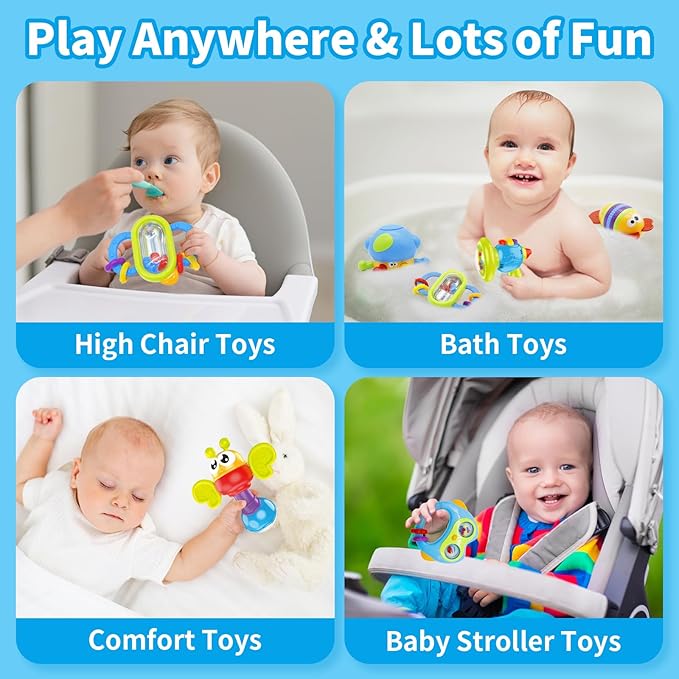 MOONTOY 7pcs Baby Rattles Toy Set, Baby Toys 0-6 Months Infant Toys 6-12 Months Teethers for Babies 3-6 Months Easter Basket Stuffers, Sensory Teething Toys 0 1 2 3 4 5 6 Month Newborn Boy Girl Gifts