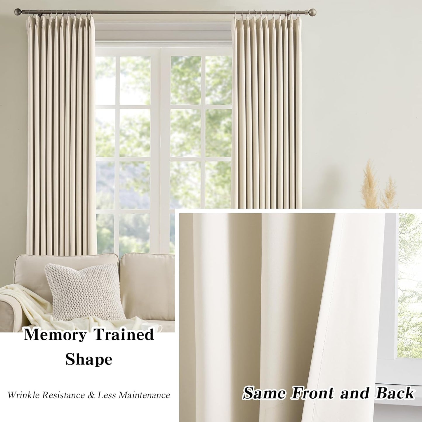 KEQIAOSUOCAI Extra Wide Curtains 100 x 102, Patio Sliding Door Pinch Pleated Blackout Curtains 102 Inches Long 2 Panels Set,100 Inch Wide Vertical Accordion Style Pleated with Hooks, Cream