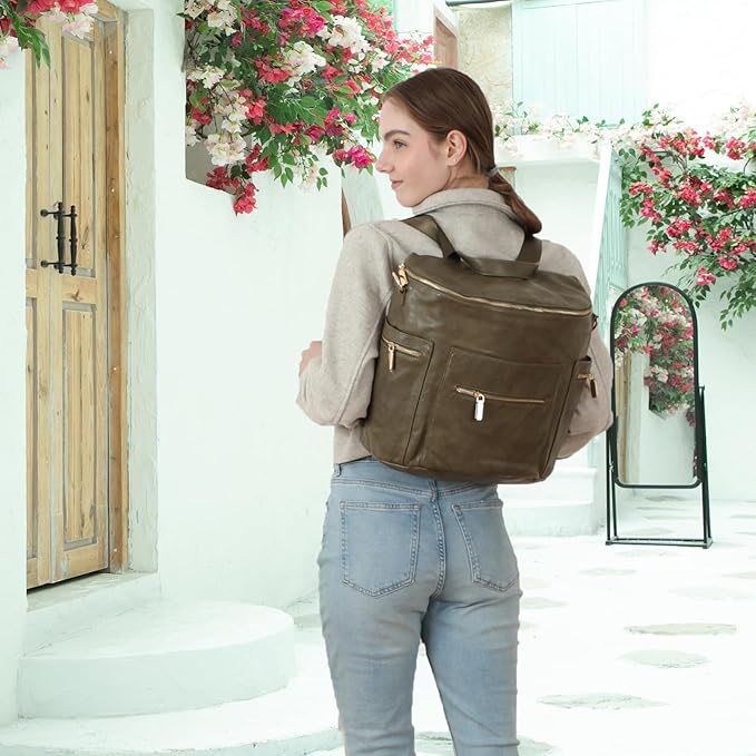 miss fong Diaper Bag Backpack Baby Diaper Bag, Large Leather Diaper Backpack with 16 Pockets Travel Diaper Bag with Diaper Changing Pad, Stroller Straps & 2 Insulated Pockets (Convertible, Forest)