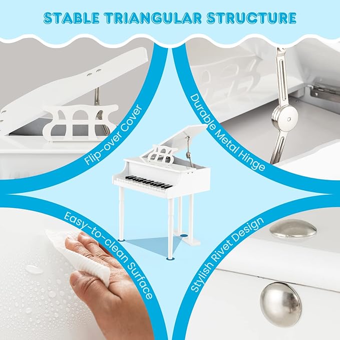 HONEY JOY Classical Kids Piano, 30-Key Mini Grand Piano with Music Stand and Bench, Wooden Musical Instrument Toy w/Lid & Music Rack, Gift for Boys Girls Ages 3+ (3 Straight Leg-White)