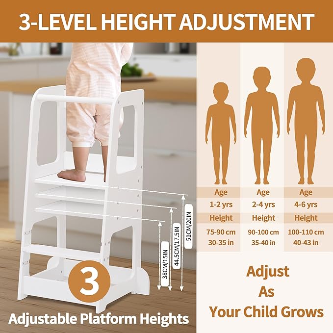 Toddler Kitchen Helper Tower for Ages 1–6 – 3-Level Adjustable Learning Tower with Safety Design, Toddler Standing Tower & Kitchen Helper Stool, CPC Certified, White