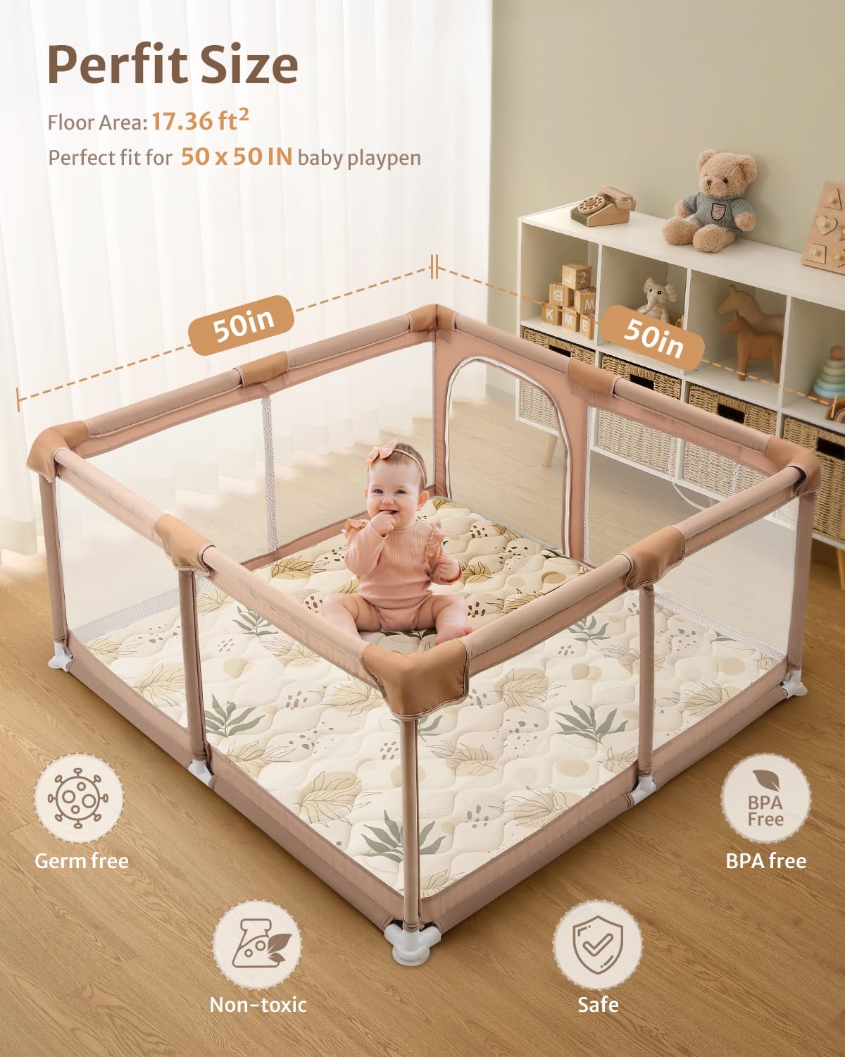 Blissful Diary Baby Play Mats for Floor, 50x50 Playpen Mat, Thicken Cushioning Padding Foam Playmate for Baby and Toddlers Infants, Non-Slip & Machine Washable, Earth Tones Design