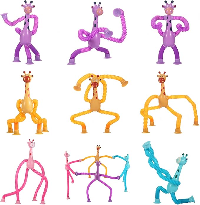 4Pcs Giraffe Pop Tube Sensory Toys, Telescopic Suction Fidget Toys for Autism, Toddler Travel & Airplane Activities, 2025 Boy & Girl Christmas Stocking Stuffers Gift Idea