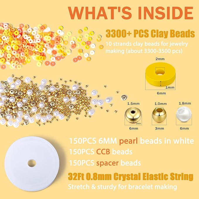 AceFun 3750PCS Clay Beads for Bracelets Making Polymer Clay Beads Kit with Pearl Beads Spacer Beads, Disc Heishi Beads Set for Jewelry Making Necklace Bracelet Earrings Finding, Yellow Mixed