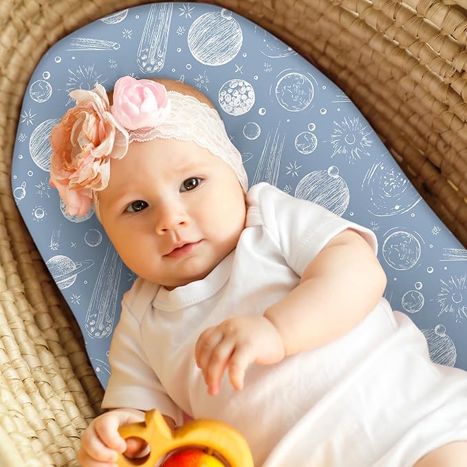Baby Bassinet Sheets Girl Boy, Fitted Bassinet Sheet Set 3 Pack Bassinet Mattress Sheets Universal Fit for Rectangle, Round, Oval, Hourglass Mattress, Soft Breathable Green Gray Constellation