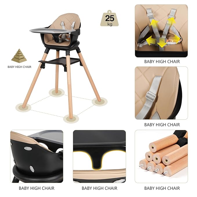 6 in 1 Baby High Chair, Convertible Wooden High Chairs/Booster Seat for Babies and Toddlers, Baby Feeding Chair with 5-Point Harness/Double Removable Tray & Adjustable Footrest (Black)