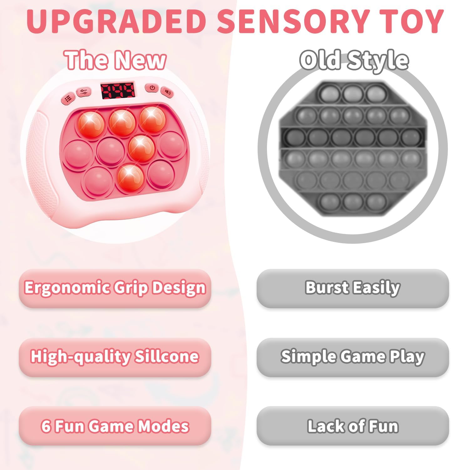 Pop Game Light Up Fidget Toy for Kids, 6 Modes LED Screen Quick Push Pop Game Controller Electric Fidget Popper Game Quick Push Bubble Game Birthday Toys for Girls Pink