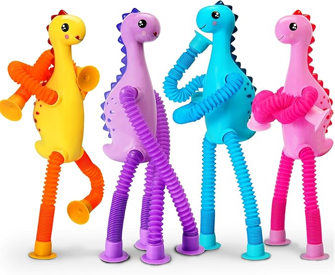 4Pcs Dinosaur Stocking Stuffers Airplane Travel Toys for Toddlers Kid Boys Girls Year Old Age 3+ Sensory Suction Tube ADHD Autism Road Trip Car Activities Essential Pop Fidget Toys Autistic Kid Gift
