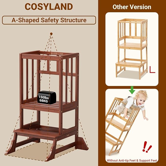 COSYLAND Toddler Step Stool Height Adjustable – Portable Kids Kitchen Stool Helper with Stabilizing Base Block – Toddler Standing Tower for Bathroom Living Room Dining Room (Brown)