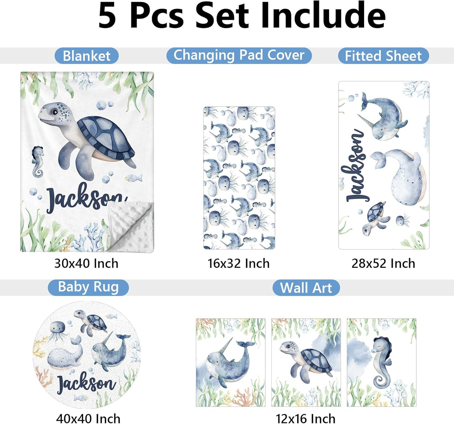 Personalized Baby Crib Bedding Set, 5 Pcs Custom Name Baby Bedding Set, Double Layer Nursery Bedding Set, Ocean Animal Baby Crib Set for Girls Boys, Gift for Toddler Infant Baby New Parents