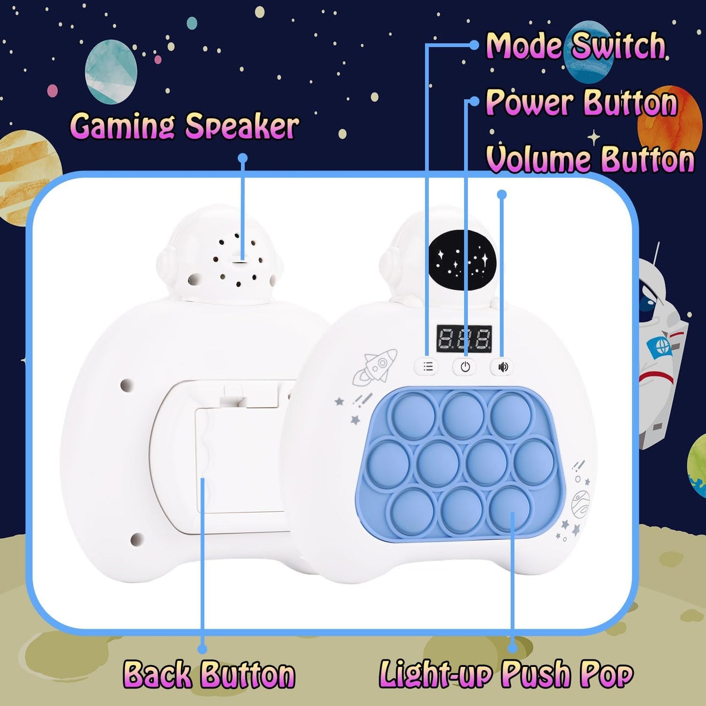 Quick Push Console Game, Pop Game Light up Fidget Toy, Handheld Puzzle Game Fast Push Bubble Game with Game Clearance Screen for Kids Teens Adults (Astronaut)
