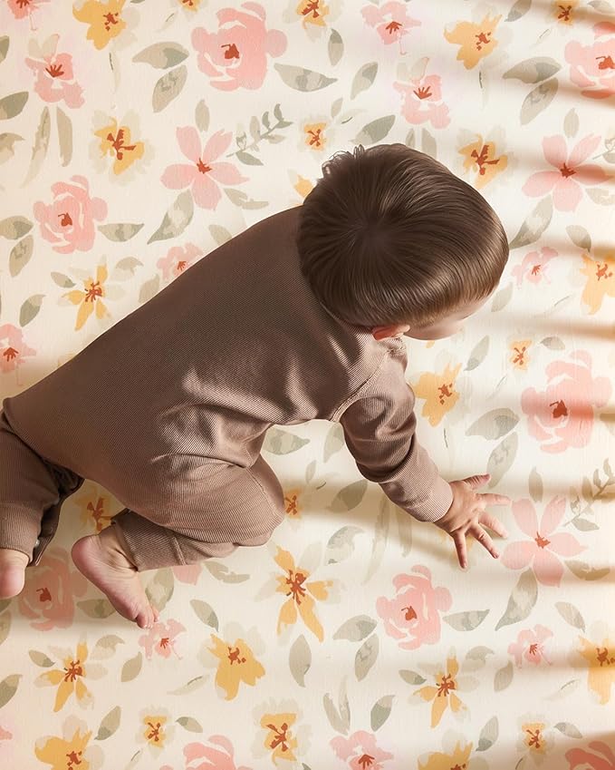 Pack and Play Sheets Fitted 3 Pack, Mini Crib Sheets for Pack N Play Mattress Stretchy Portable Playard Sheets, Soft Breathable Pink Flowers & Leaf
