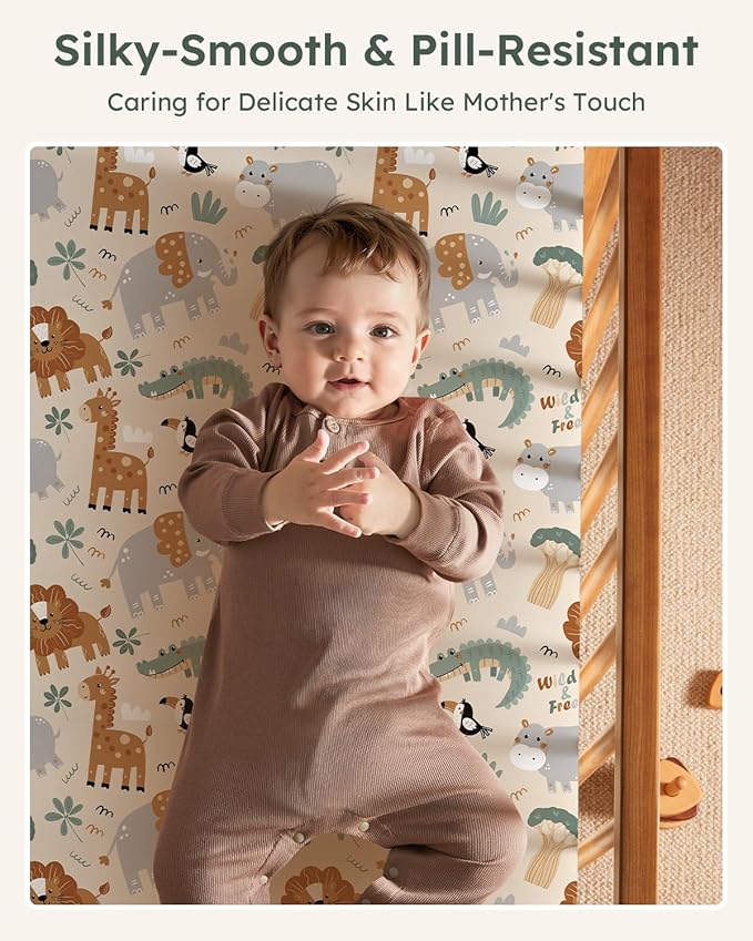 Pack and Play Sheets Fitted 3 Pack, Mini Crib Sheets for Pack N Play Mattress Stretchy Portable Playard Sheets, Soft Breathable Green & Apricot Lion