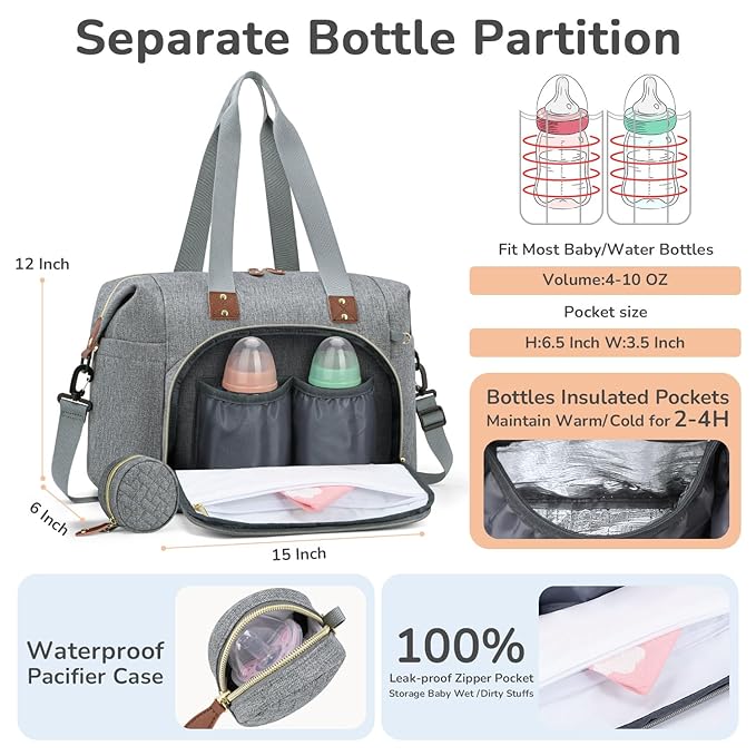 Diaper Bag Tote, Baby Bag Travel Diaper Tote Bag with Pacifier Case, Cute Maternity Hospital Baby Stylish Diaper Tote for Mom Dad Medium Size, Grey
