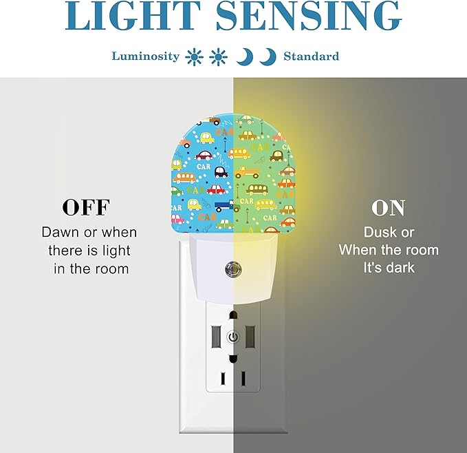 Cartoon Traffic Cars Night Light for Kids, LED Night Light Plug into Wall with Dusk to Dawn Sensor for Girls Boys Women Men Room Decor, Hallway, Kitchen, Bathroom, Nursery, Stairs