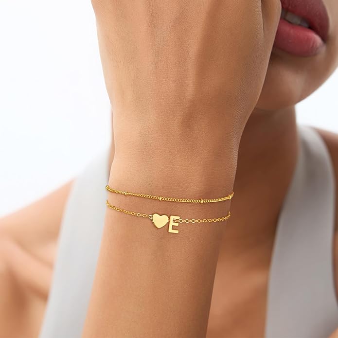 Gold Initial Bracelets for Women Girls - 14K Gold Plated Heart Initial Bracelet Teen Girl Gifts Trendy Stuff Dainty Gold Bracelets for Women Girls Trendy Jewelry Gifts