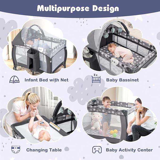 HONEY JOY Pack and Play with Bassinet, 4-in-1 Portable Baby Playard with Changing Table, Net & Cute Toys, Diaper Storage Bag, Music Box, Wheels with Brake, Foldable Newborn Play Yard w/Carry Bag