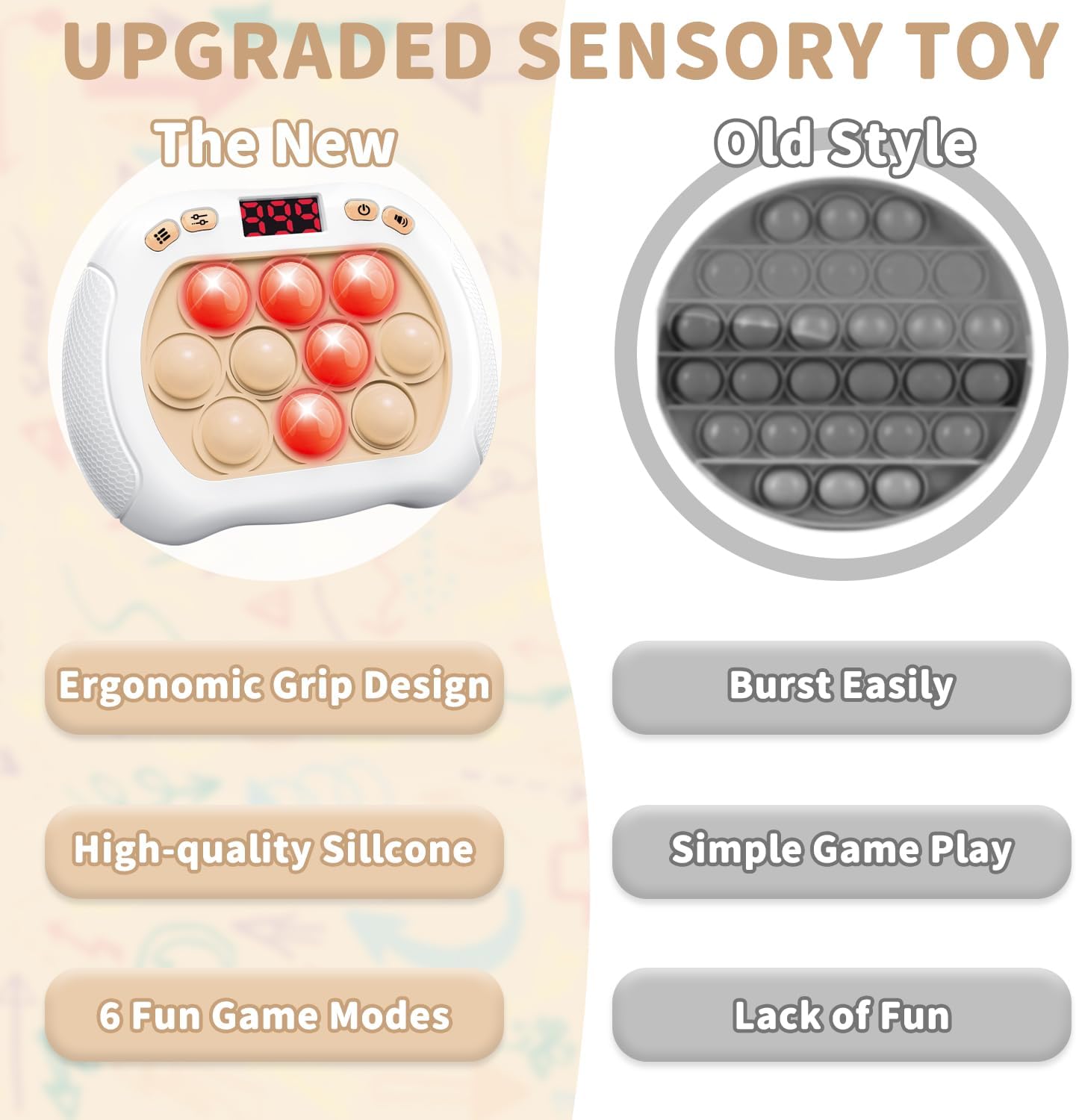 Pop Game Light Up Fidget Toy for Kids, 6 Modes LED Screen Quick Push Pop Game Controller Electric Fidget Popper Game Quick Push Bubble Game Birthday Toys for Boys Girls White