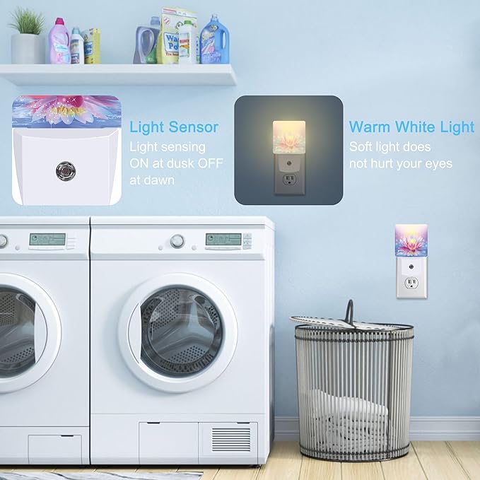 Lotus Pink Light Purple Plug in Night Light with Auto Dusk to Dawn Sensor,Warm Night Lights for Boys Girls Bedroom Bathroom Hallway Kids Room Gifts