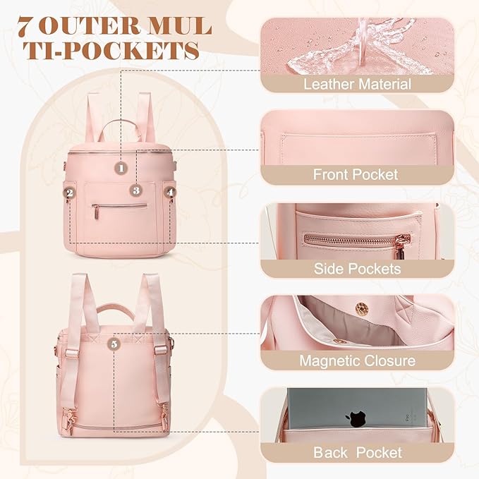 miss fong Pink Diaper Bag Backpack Baby Diaper Bag, Large Leather Diaper Backpack with 16 Pockets Travel Diaper Bag with Diaper Changing Pad,Pink Baby Backpack Stroller Straps & 2 Insulated Pockets