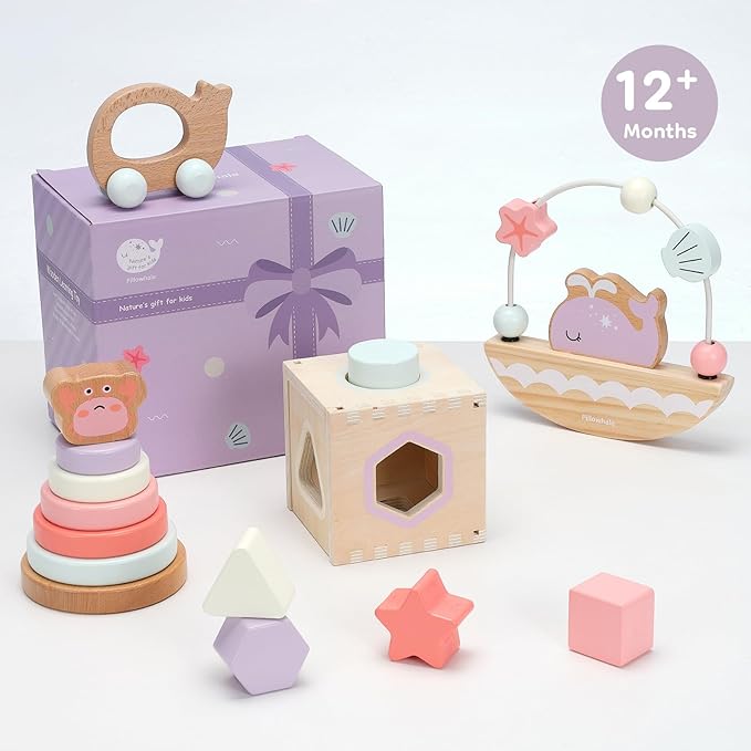 Sensory & Educational Wooden Toy Set for Toddlers 1-3 Years Old - Stacking Rings, Shape Sorter, Push Car, Bead Maze for Boys & Girl
