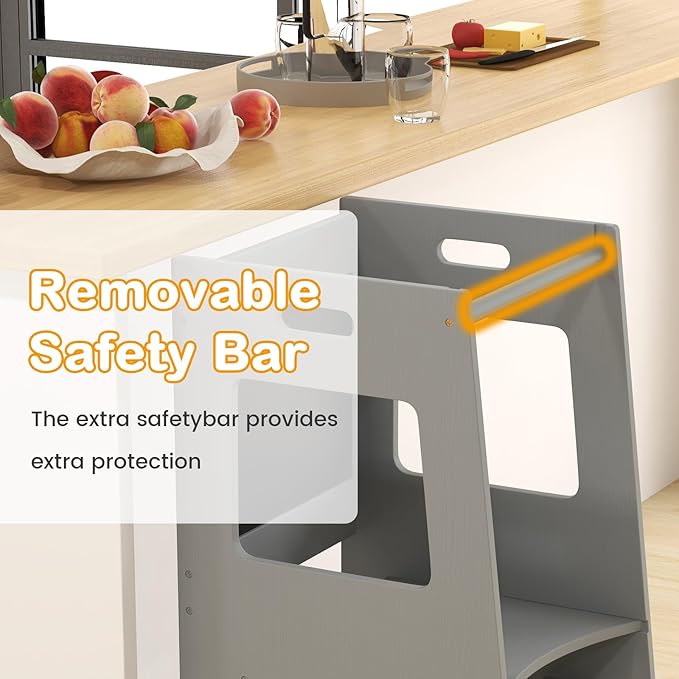 INFANS Toddler Standing Tower, Kids Montessori Kitchen Step Stool Helper with 2 Adjustable Height Learning Blackboard Safety Rail Wooden, Anti-Slip Mats, 1-3 Year Old Boy Girl Gifts (Grey)