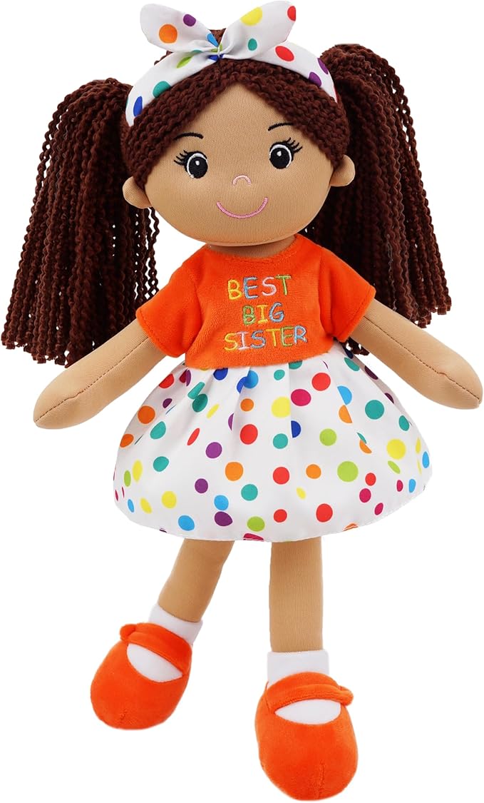 June Garden 14" Snuggle Cutie Lila – Best Big Sister Soft Plush Doll – Stuffed Girl Doll with Polka Dot Dress and Bow for Toddlers & Big Sister Announcements - Orange M