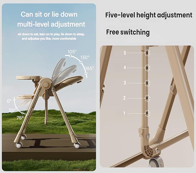 Nine point nine PU Leather Baby High Chair with Swinging Function, High Chairs for Babies and Toddlers, Removable Double Tray Baby Seat Feeding Chairs (8121 Khaki)