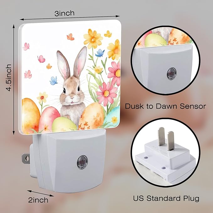 Cute Easter Bunny and Eggs Night Light, Easter Rabbit and Flowers Dusk to Dawn Night Light Plug in, 0.5w Energy Saving Sleep Friendly NightLight for Kids Boys Girls Home Decor