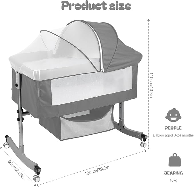 Baby Bassinet Bedside Crib 4-in-1 with Changing Table, 6 Height Adjustable Baby Crib with Mosquito Net & Storage Basket, Portable Cradle Bassinet for Newborn Infant (Grey)