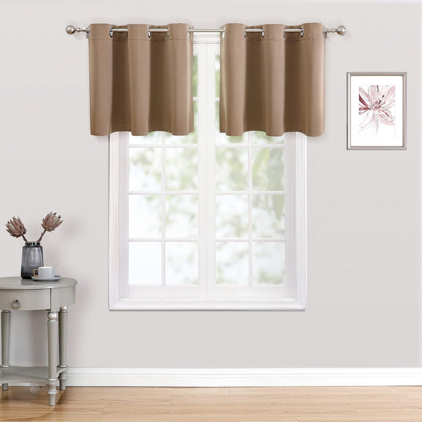 ChrisDowa Small Kitchen Valances for Windows - Grommet Short Thermal Insulated Room Darkening Window Valances Curtains for Living Room (2 Panels, Cappuccino, 52 x 18 Inch)