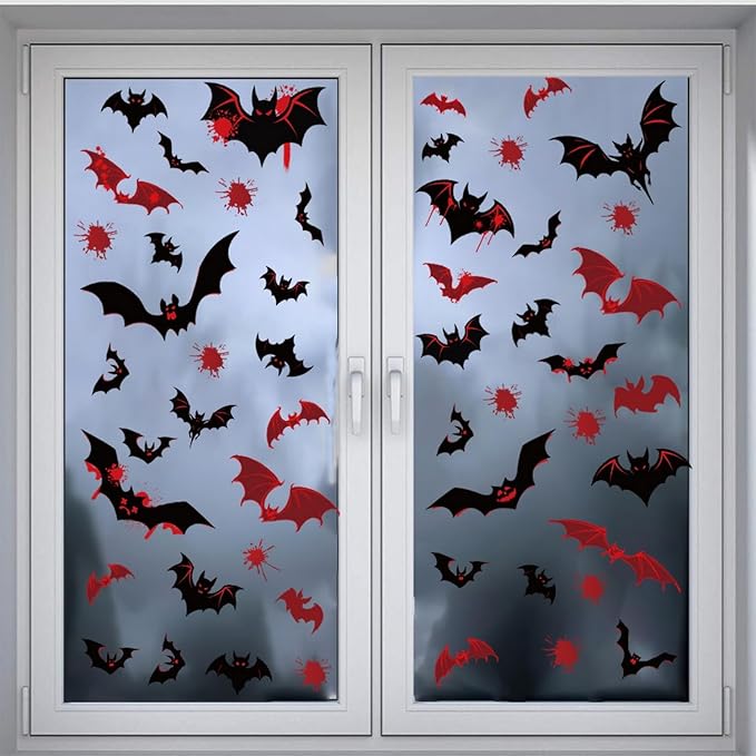 9 Sheets Halloween Window Stickers Clings Double-Sided Window Decals Black & Red Bats Designs Scary Blood Bat Windows Stickers for Spooky Halloween Party Supplies Glass Decoration