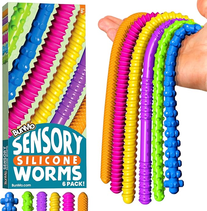 BunMo Silicone Stretchy Strings Sensory Toy – 6 Pack Fidget Worm Toy Set | Sensory Noodles for Kids | Bright, Textured, Fun Stretchy Noodles Fidget Toy for Tactile Play | Worm Toys for Fall Fun