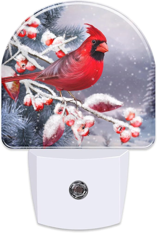 Winter Red Cardinal Bird Night Light for Kids,Christmas Pine Tree Snow Cardinal Night Light Plug in with Dusk to Dawn Sensor,0.5w Energy Saving Nightlight for Hallway Stairway Kitchen Bedroom