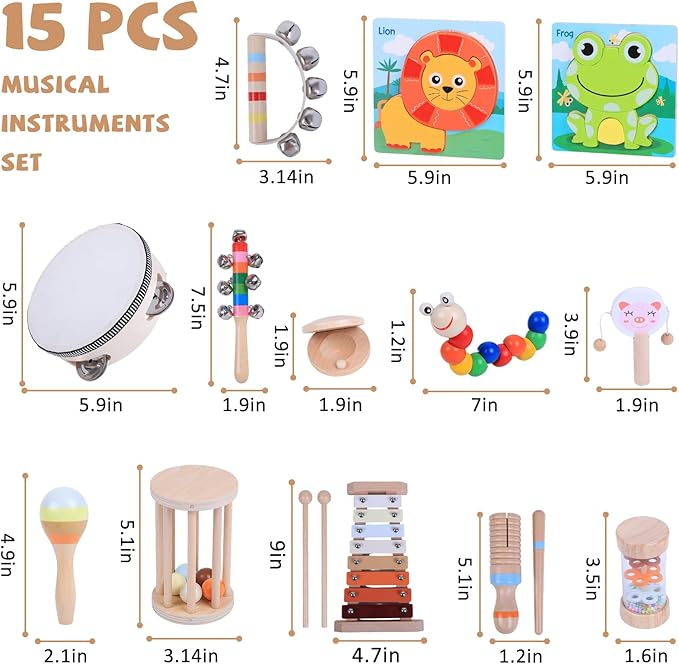 15 PCS Baby Musical Instruments Set, Toddler Musical Instruments Montessori Natural Wooden Percussion Instruments Music Toy Set with Wooden Puzzles, CPC Certified Music Toys for Toddlers 1-6