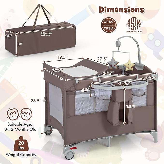 HONEY JOY Pack and Play with Bassinet, 5-in-1 Baby Bedside Sleeper w/Diaper Changing Table & Storage Bag, Toy Arch & Music Box, Detachable Side Rail, Portable Baby Play Yard w/Carry Bag(Coffee)