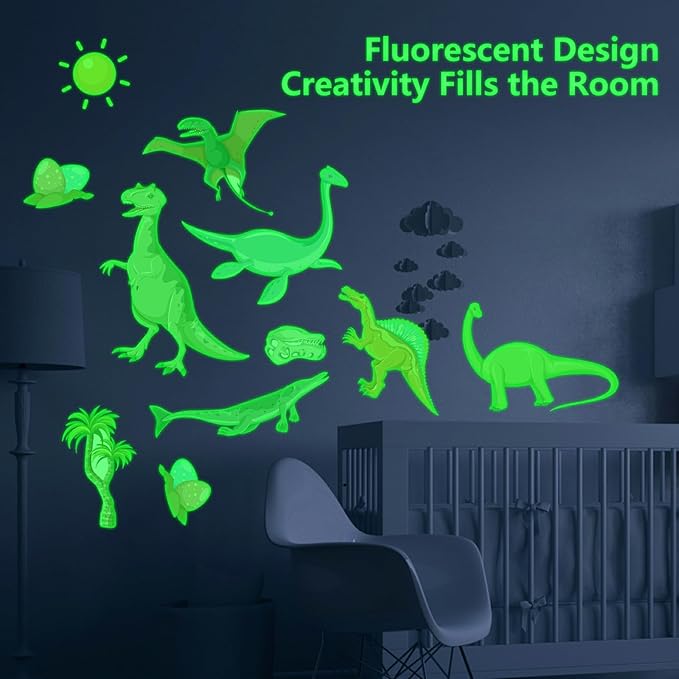 Glow in The Dark Dinosaur Stickers, 48 PCS Glowing Luminous Dinosaur Eggs Wall Decals Jungle Dino Ceiling Stickers for Kids Boys Girls Bedroom Nursery Playroom Party Room Decor