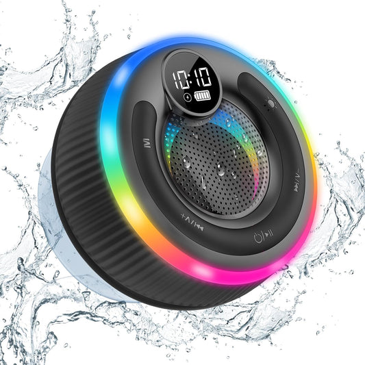 Bluetooth Speaker, HD Stereo Sound Shower Speaker, IPX7 Waterproof, Digital Display Portable with Suction Cup, LED Light, Small Wireless for Outdoor Party Beach Bathroom, Black